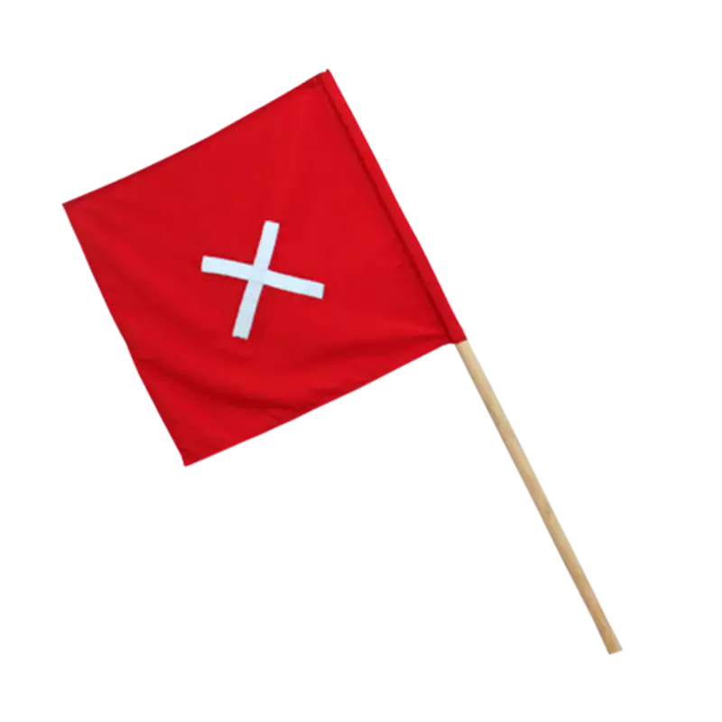 Red flag with wooden handle and reflective cross