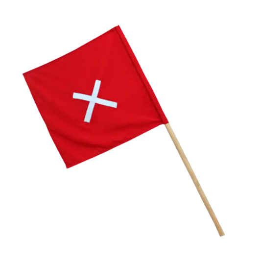 Red flag with wooden handle and reflective cross