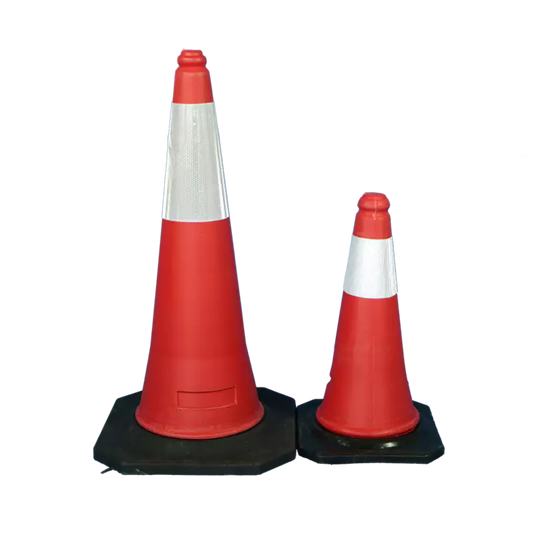 Traffic cone with black rubber backing and reflective tape