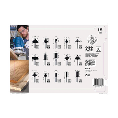 15 Piece 1/4" Shank Router Bit Set