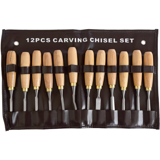 12 Piece Wood Carving Chisel Set in Leather Pouch