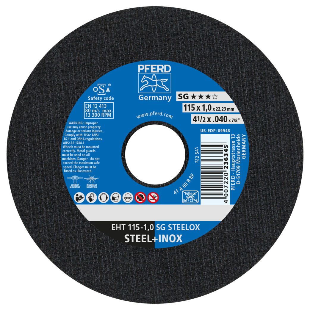 EHT cutting disc 115x1.0x22.23mm flat performance line SG STEELOX for steel and stainless steel (10)