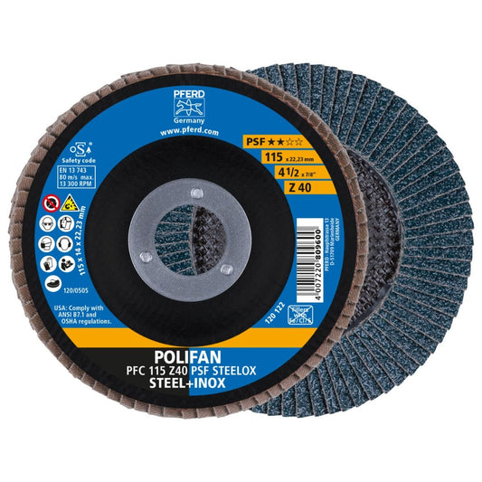 POLIFAN PFC flap disc 115x22.23 mm conical Z40 Uni. PSF Line STEELOX/1 steel/stainless steel