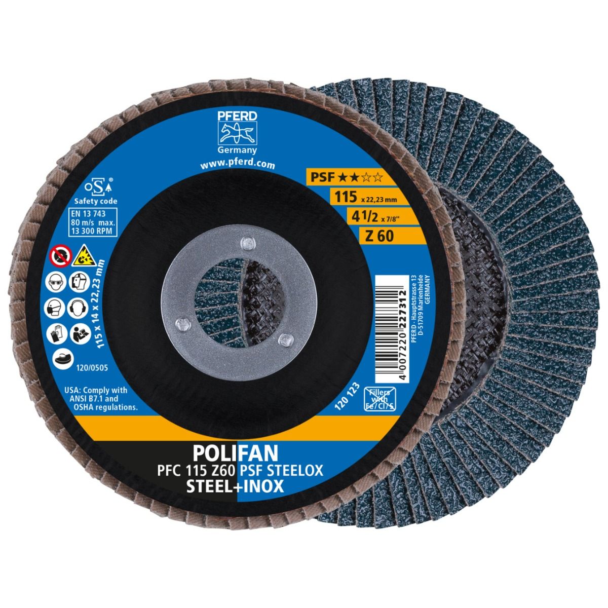 POLIFAN PFC flap disc 115x22.23 mm conical Z60 Uni. PSF Line STEELOX/1 steel/stainless steel