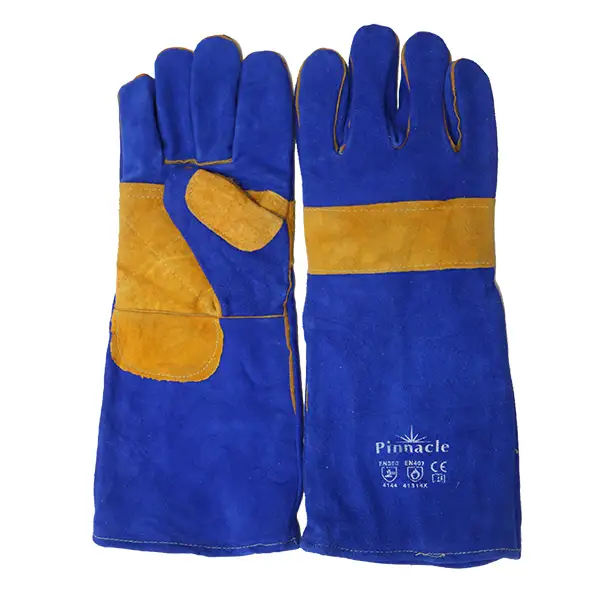 Welding glove with blue lined yellow palm