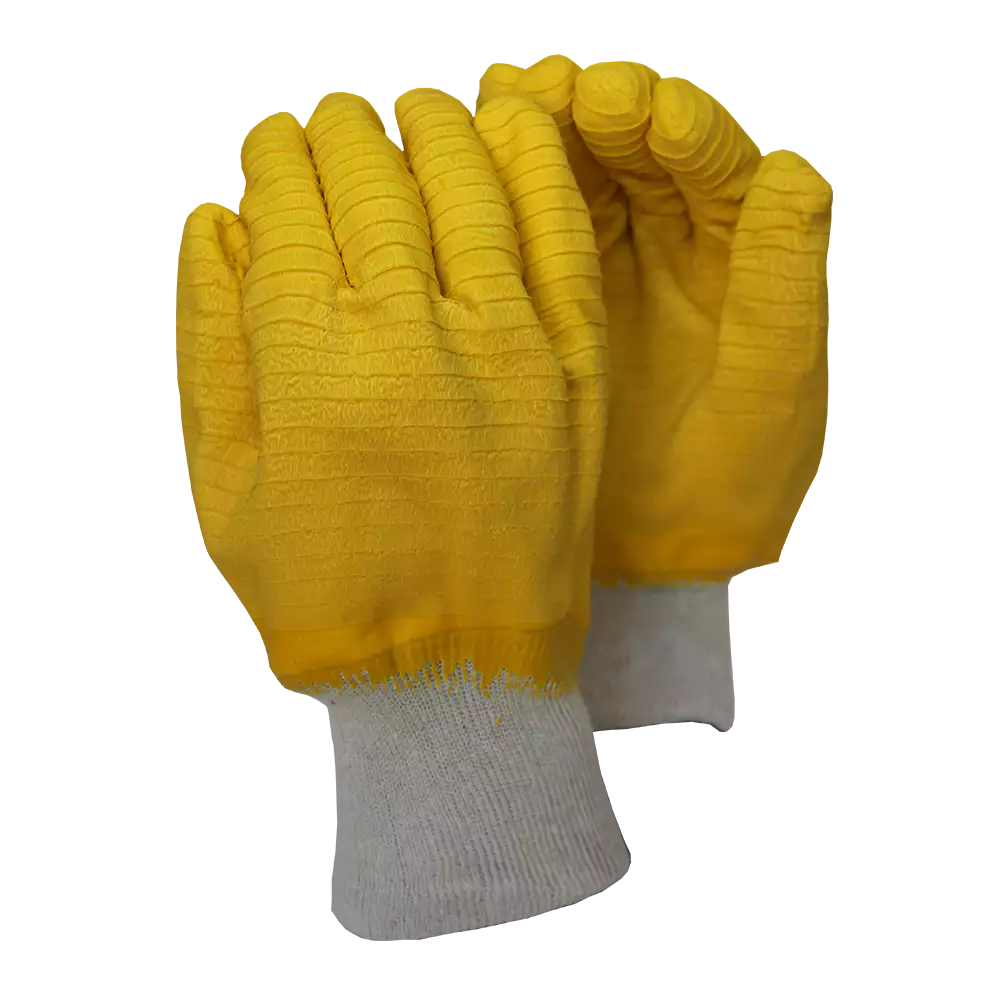 Wrinkled glove fully dipped in Comarex yellow latex