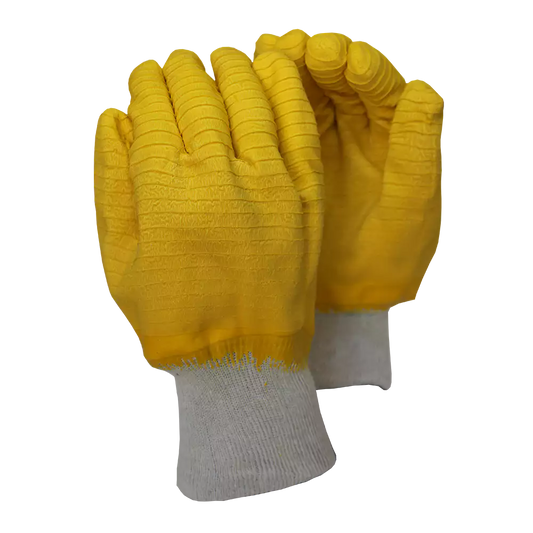 Wrinkled glove fully dipped in Comarex yellow latex